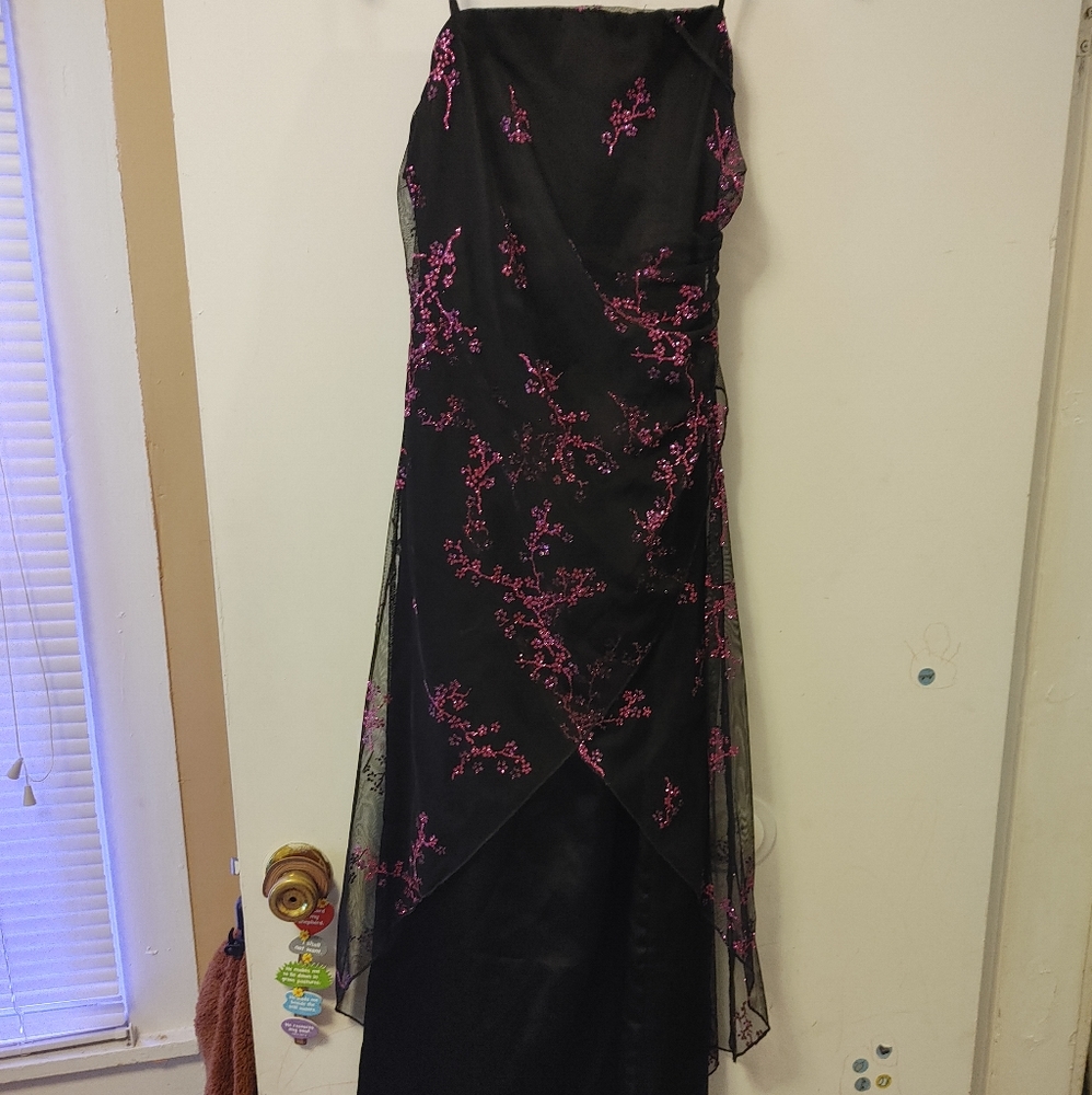 Black and fuschia/pink strapless prom gown
